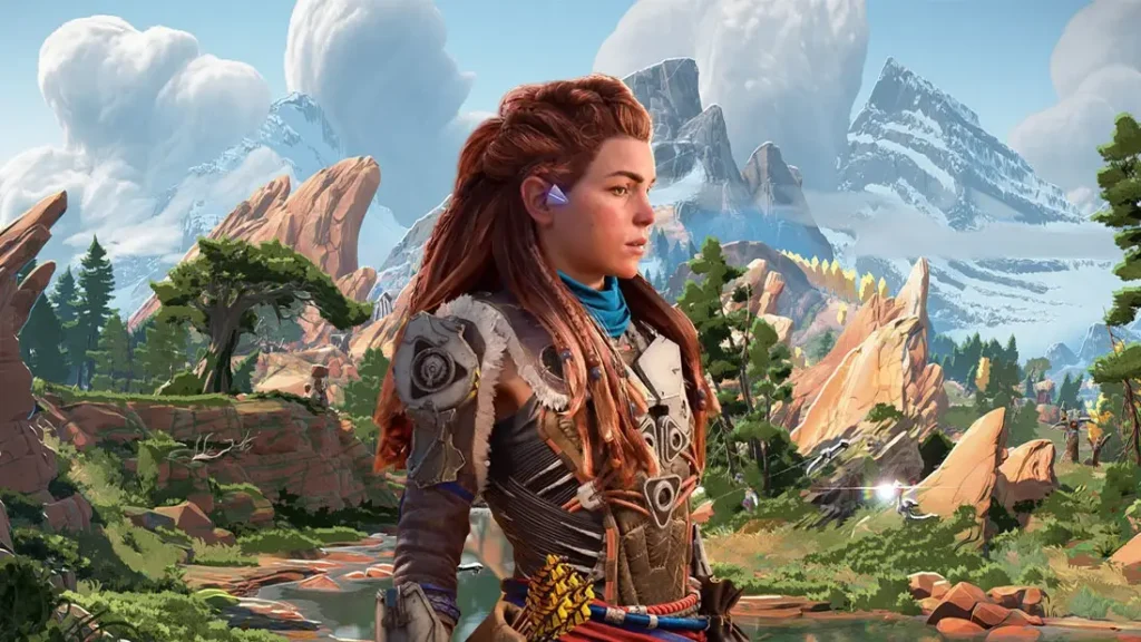 Aloy with a lush green background